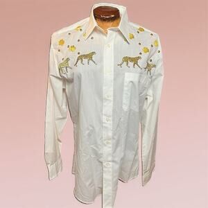VINTAGE 80s Leopard Embroidered Button Up Shirt Size M Glam PGB Casual